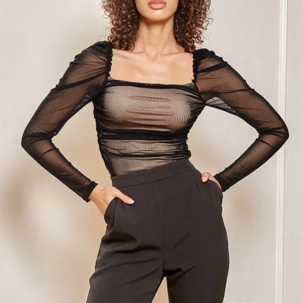Lulu’s Black Mesh Light Nude Liner Ruched Long Sleeve Top